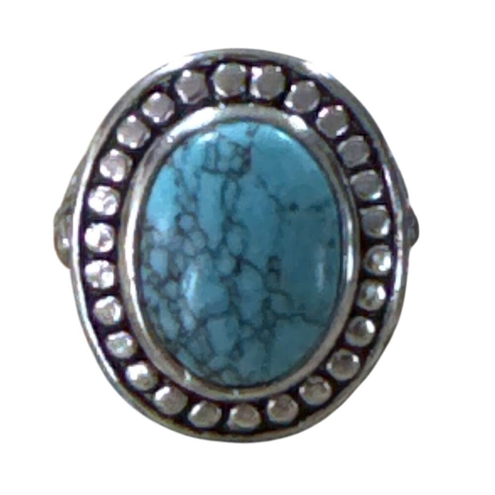 Silvertone, Marbled Faux Turquoise Statement Ring Size 7 No Markings